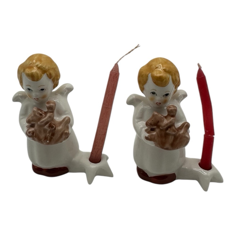 Pair of Vintage Goebel Christmas Candle Holders Angel w/ Toy Horse 2.5" Tall #2